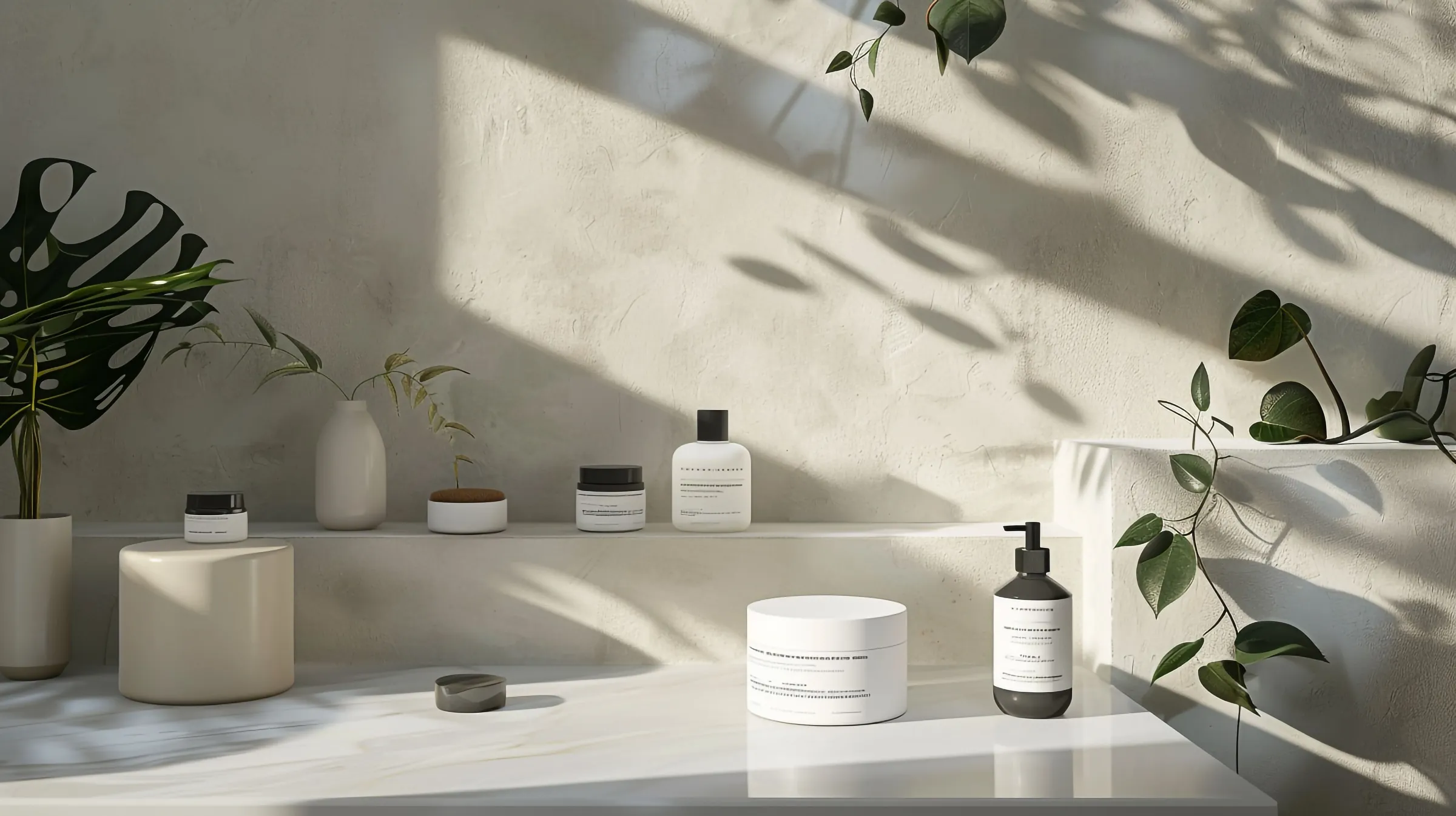 Frascos y botes de cosmética sin marca sobre una encimera de mármol blanco y una repisa de obra, ante una pared de estuco crema atravesada por la luz del sol y las sombras de unas hojas de palma; a la izquierda una hoja de monstera, a la derecha ramas colgantes de poto
